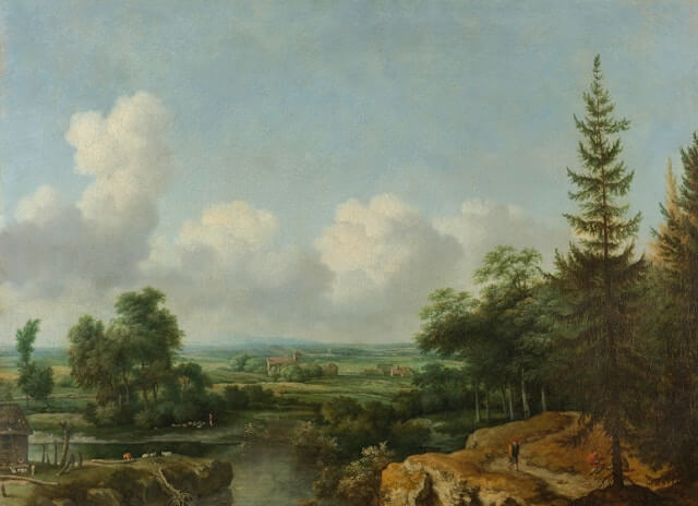 An acrylic painting with trees, soft clouds, and a gentle river in the foreground.