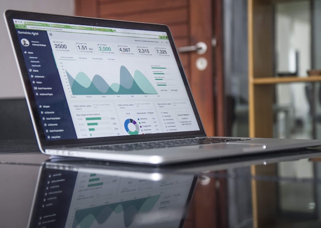 A photo of a laptop showing website statistics and graphs.