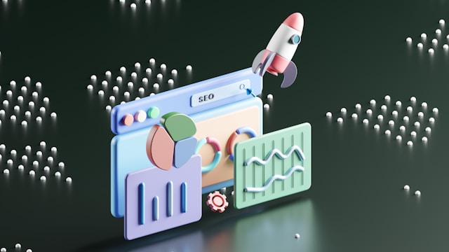 3D illustration of graphs and statistics and a small rocket ship, representing SEO searching.